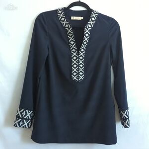 Tory Burch Black w Black & White Trim Deep V Long Sleeve Top Size 2